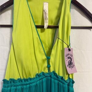 Priorities Colorblock Maxi Dress M Lime Teal Ruffle Empire Waist Retro 70s Boho